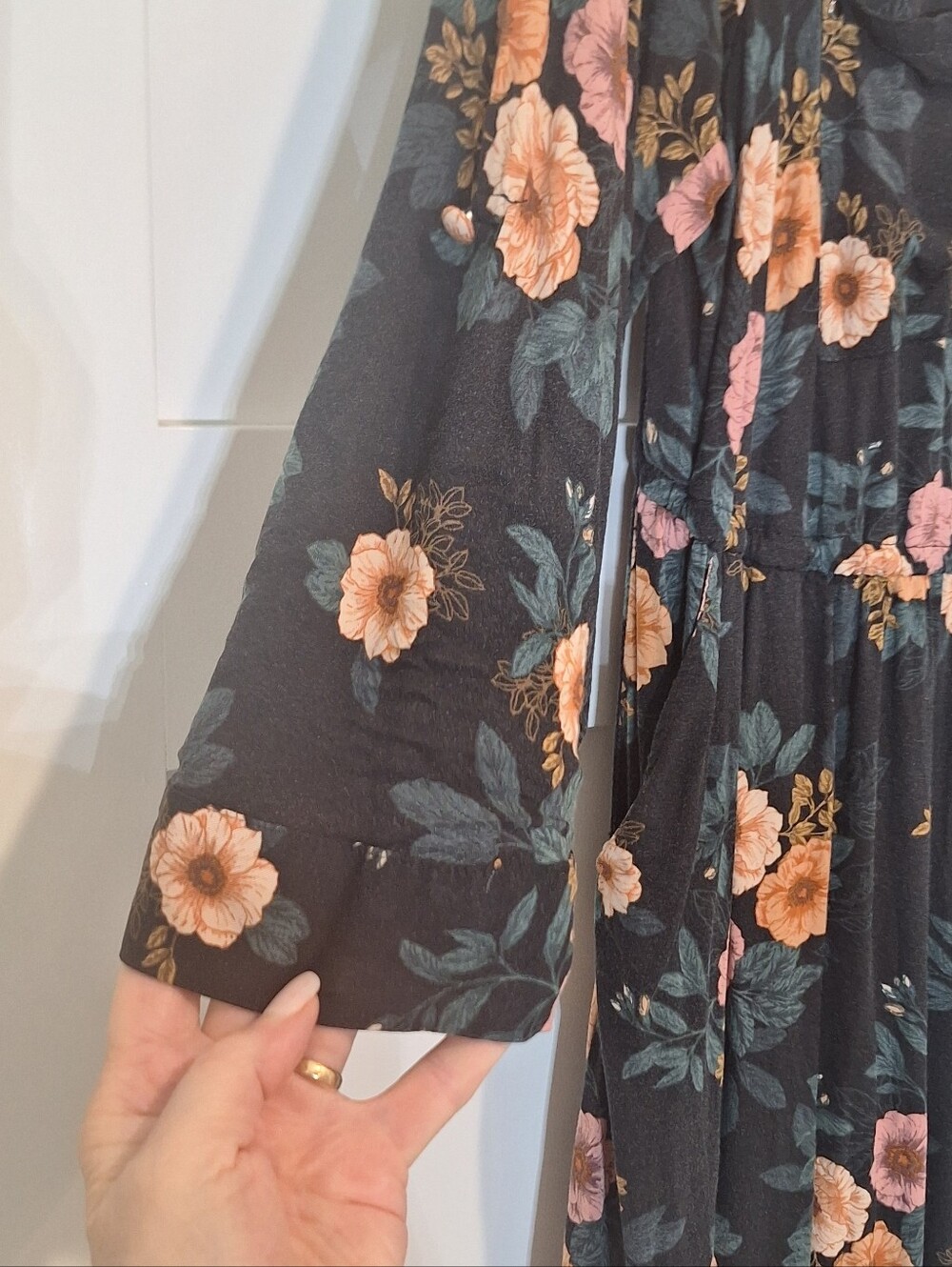 TORRID Floral Challis Zip Front Shirt Dress Knee Length Pockets Black Peach 1X - Picture 7 of 16